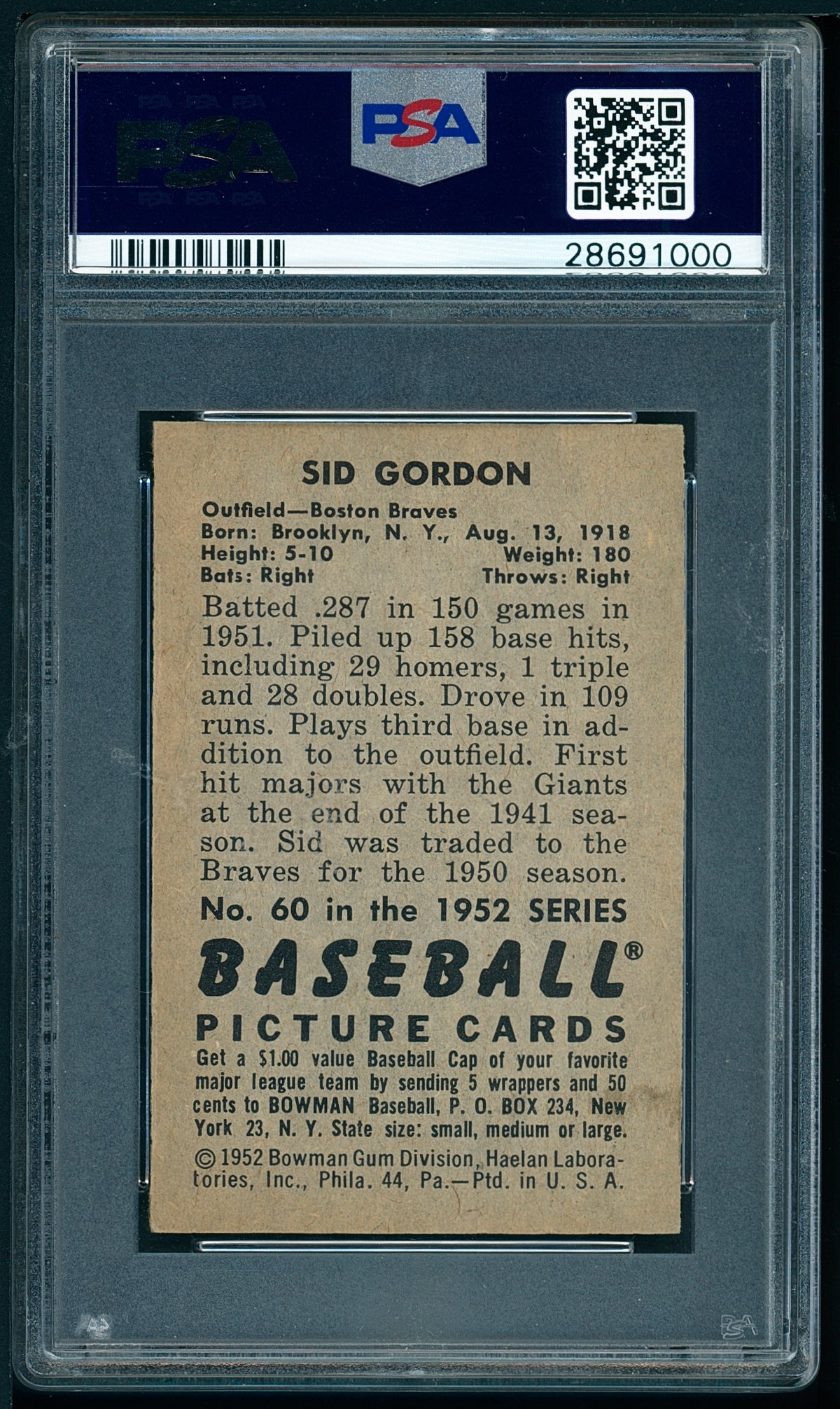 1952 Bowman Sid Gordon #60 Jewish Baseball Star - Centered PSA 6