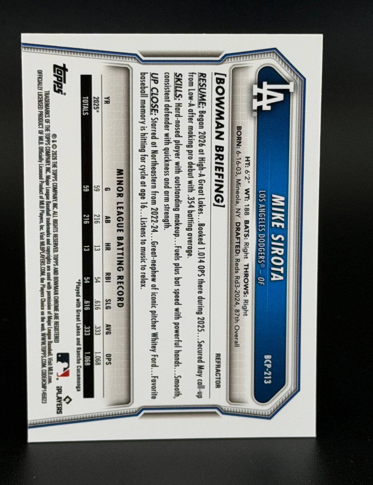 2026 Bowman Chrome Baseball Mike Sirota #BCP-213 Refractor /499
