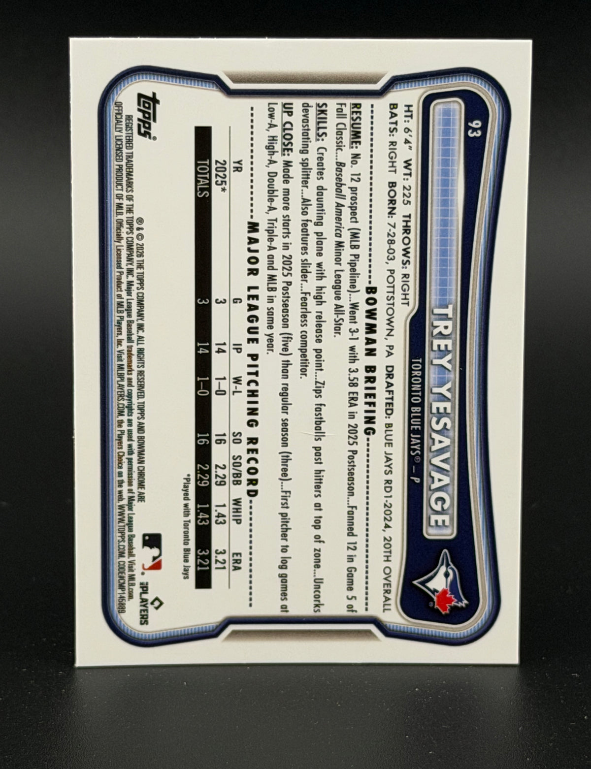 2026 Bowman Chrome Baseball Trey Yesavage #93 Rookie RC