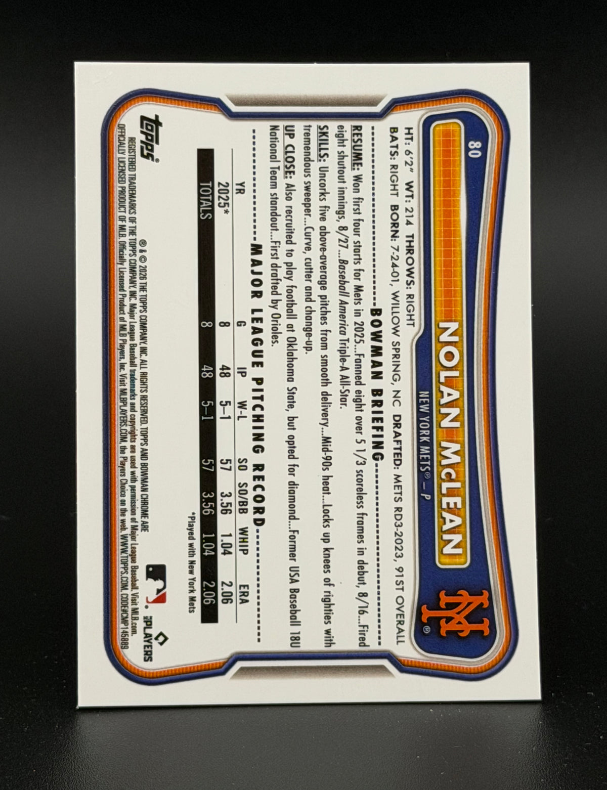 2026 Bowman Chrome Baseball Nolan McLean #80 Rookie RC