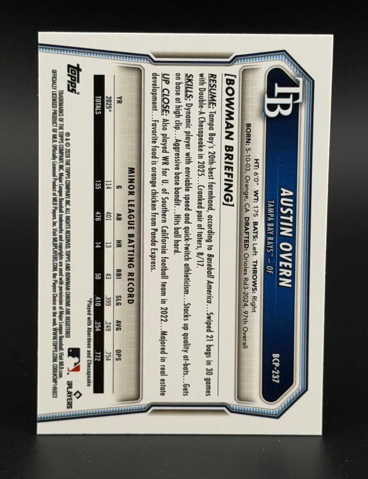 2026 Bowman Chrome Baseball Austin Overn #BCP-237 1st Bowman