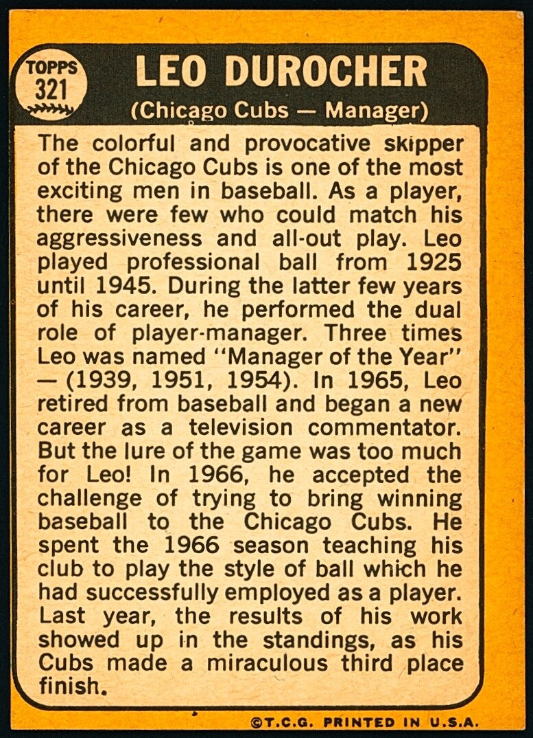 ⚾️ 1968 Topps - Leo Durocher (HOF) #321 EXNM