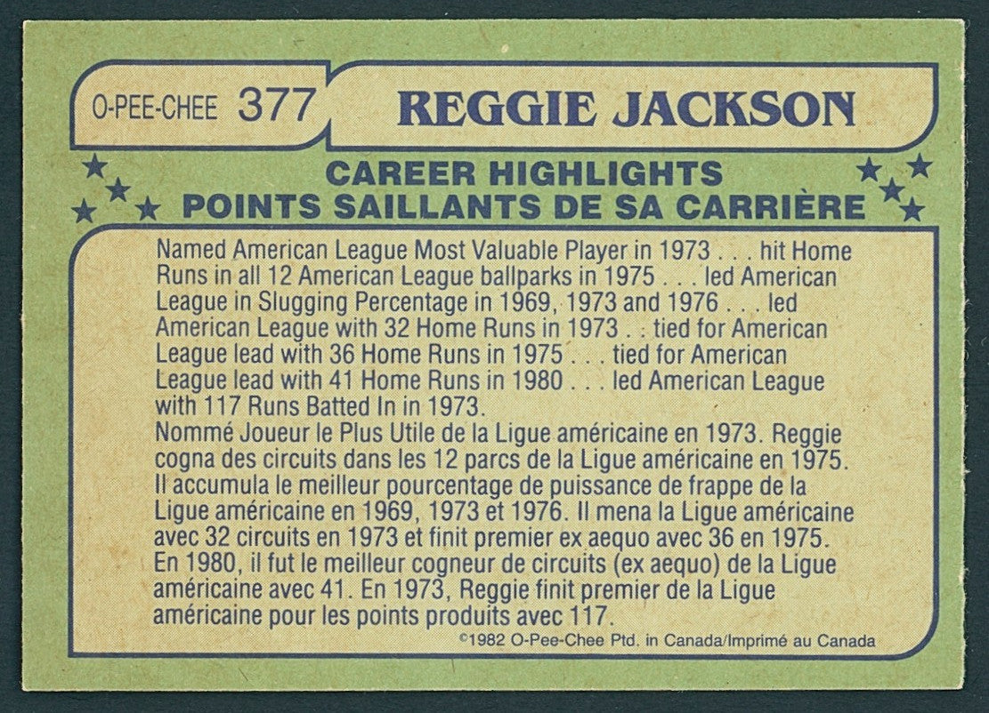 ⚾️ 1982 O-Pee-Chee OPC Not Topps - All-Star - Reggie Jackson (HOF) #551 Yankees