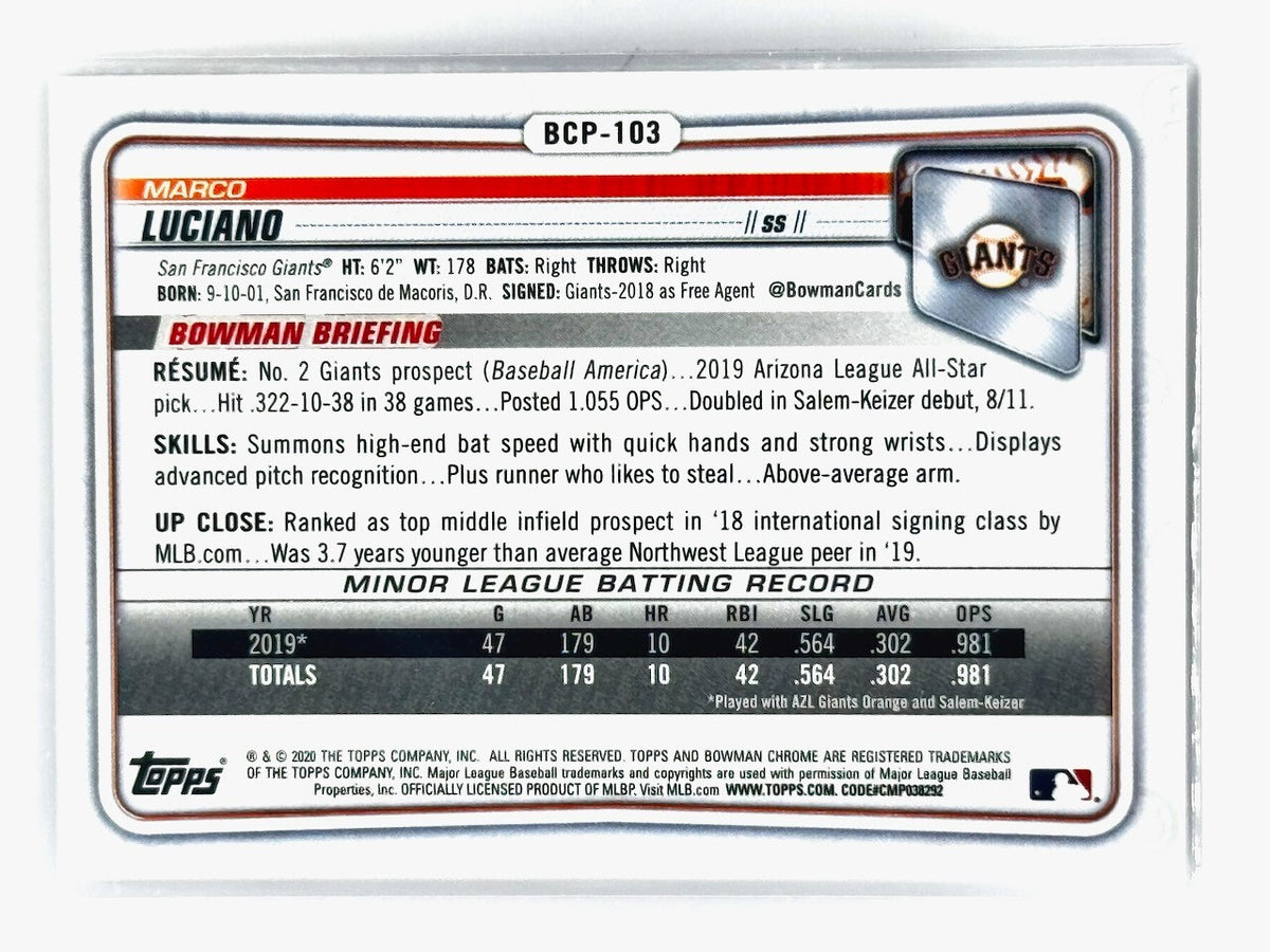 2020 Bowman Chrome Prospects /250 Purple #BCP-103 Marco Luciano (RC) Rookie