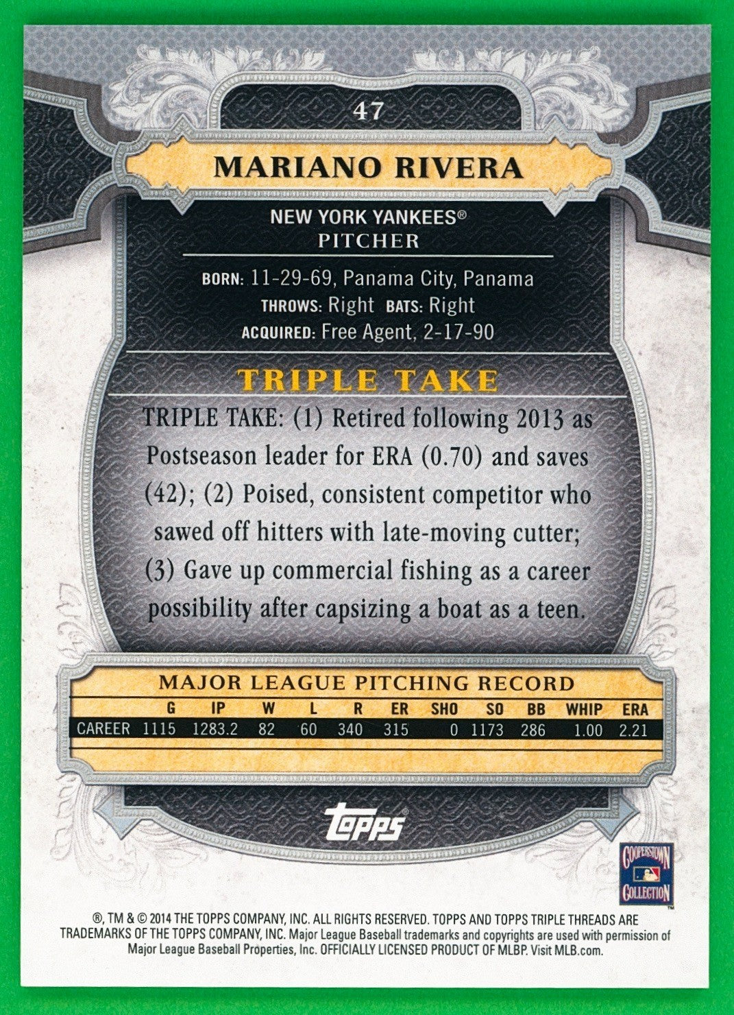2014 Topps Triple Threads - Mariano Rivera (HOF) #47 Emerald (22/250)
