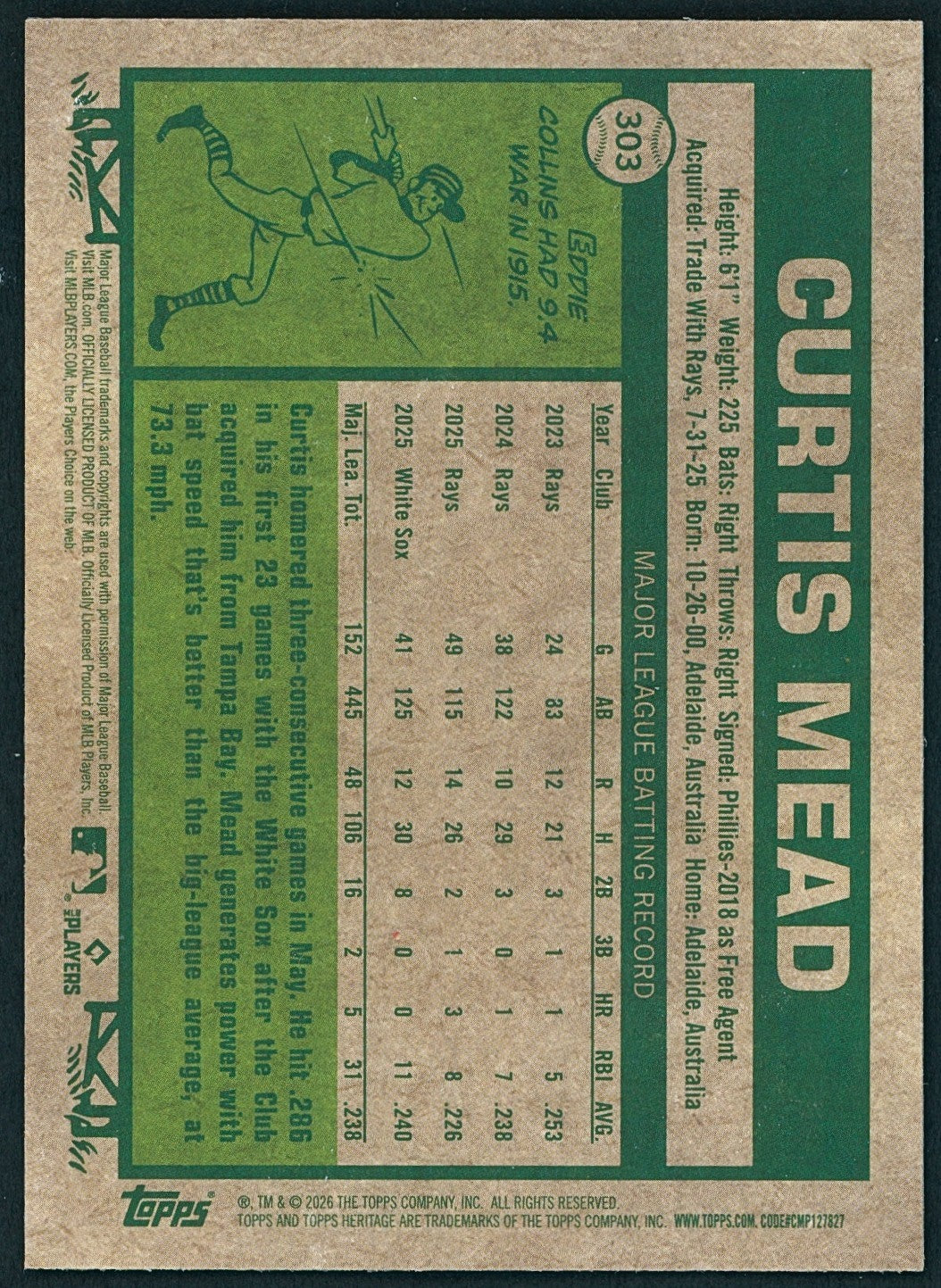 2026 Topps Heritage #303 Chrome Variation - Curtis Mead - White Sox