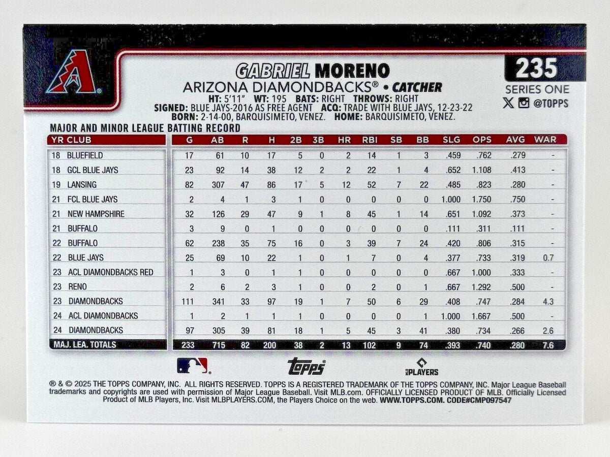 ⚾️ 2025 Topps Series 1 #235 Topps Logo Foilboard - Gabriel Moreno