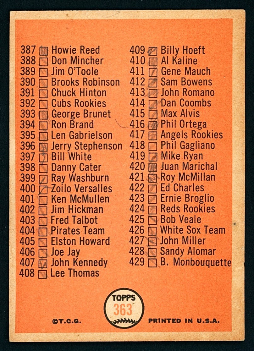 ⚾️ 1966 Topps 5th Series Checklist #363 VGEX - Marked