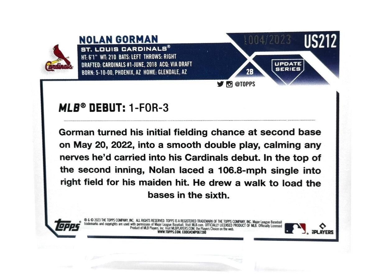 2023 TOPPS UPDATE SERIES - ROOKIE DEBUT #US212 NOLAN GORMAN /2023 (RC) - CARDS