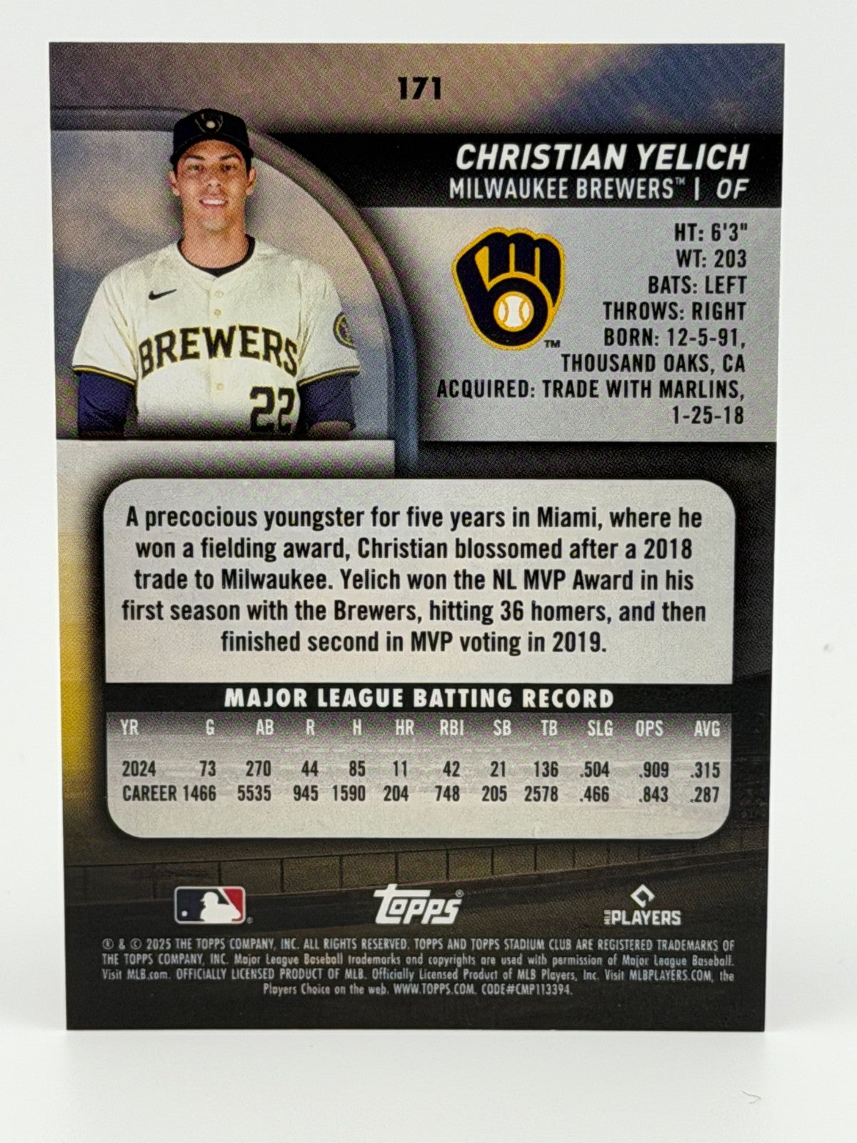 ⚾️ 2025 Topps Stadium Club #171 RED Parallel - Christian Yelich