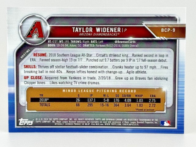 2019 Bowman - Chrome Prospects Aqua Refractor /125 Taylor Widener #BCP-9 (RC)