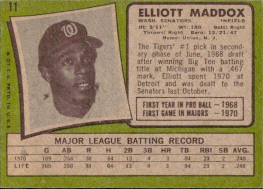 1971 Topps - #11 Elliott Maddox (RC) - Jewish Baseball Player - Rookie - VG/EX