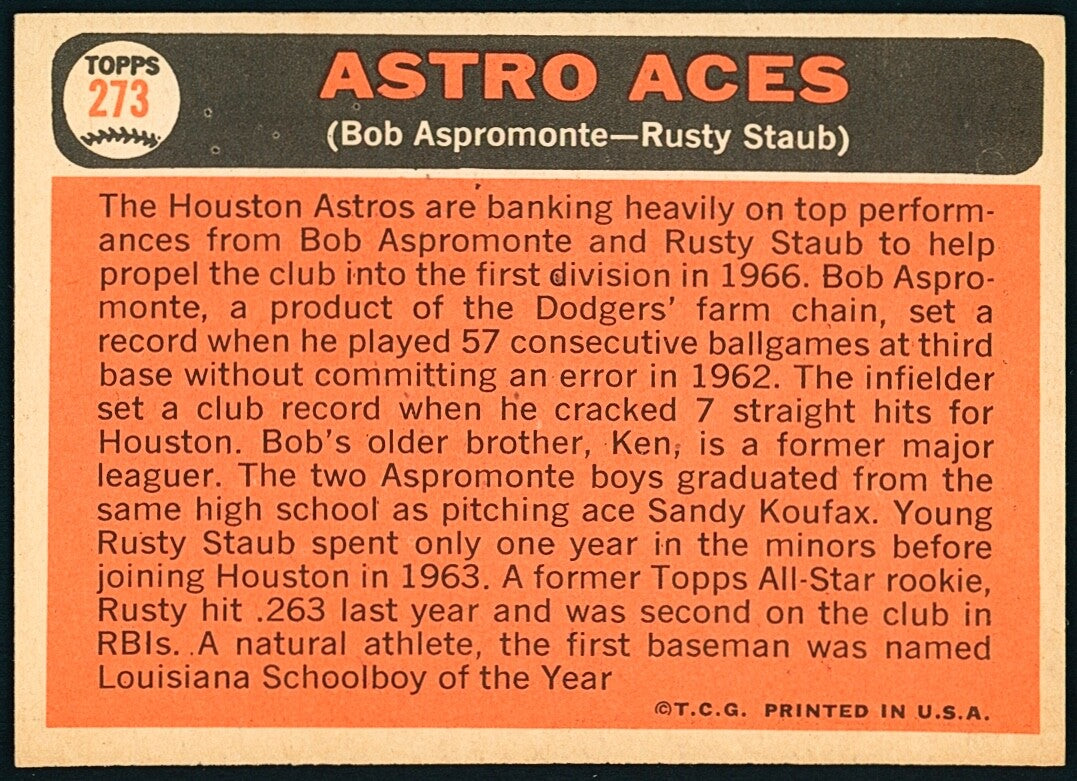 1966 Topps - Rusty Staub (CHOF), Bob Aspromonte #273 EX+/NM Centered