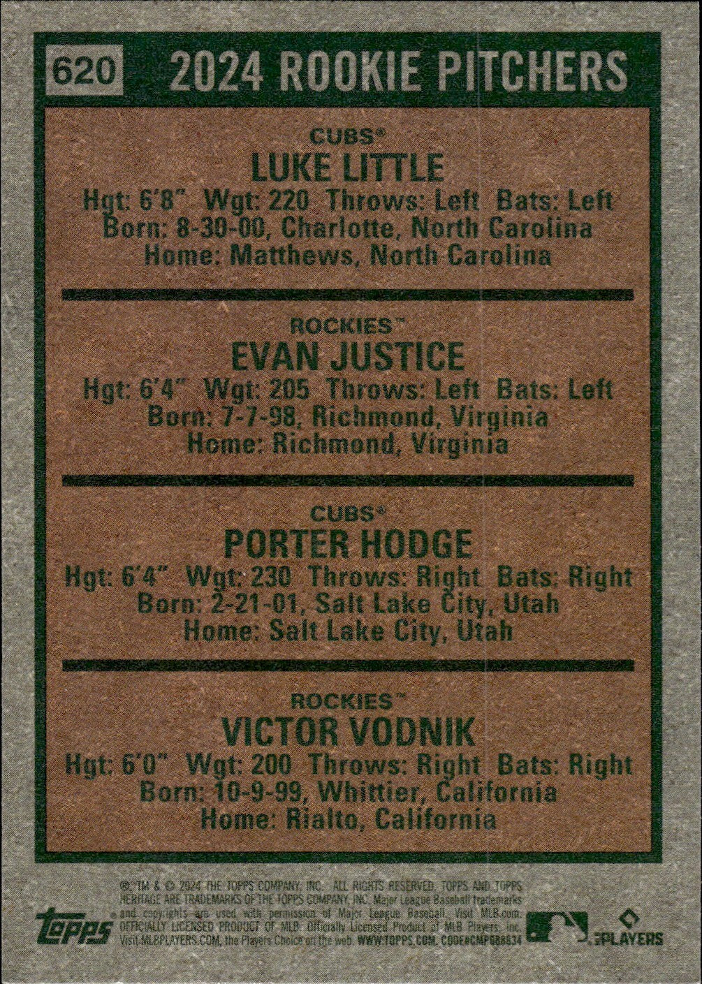 ⚾️ 2024 Topps Heritage HN #620 Rookie Pitchers - Little, Justice, Hodge, Vodnik