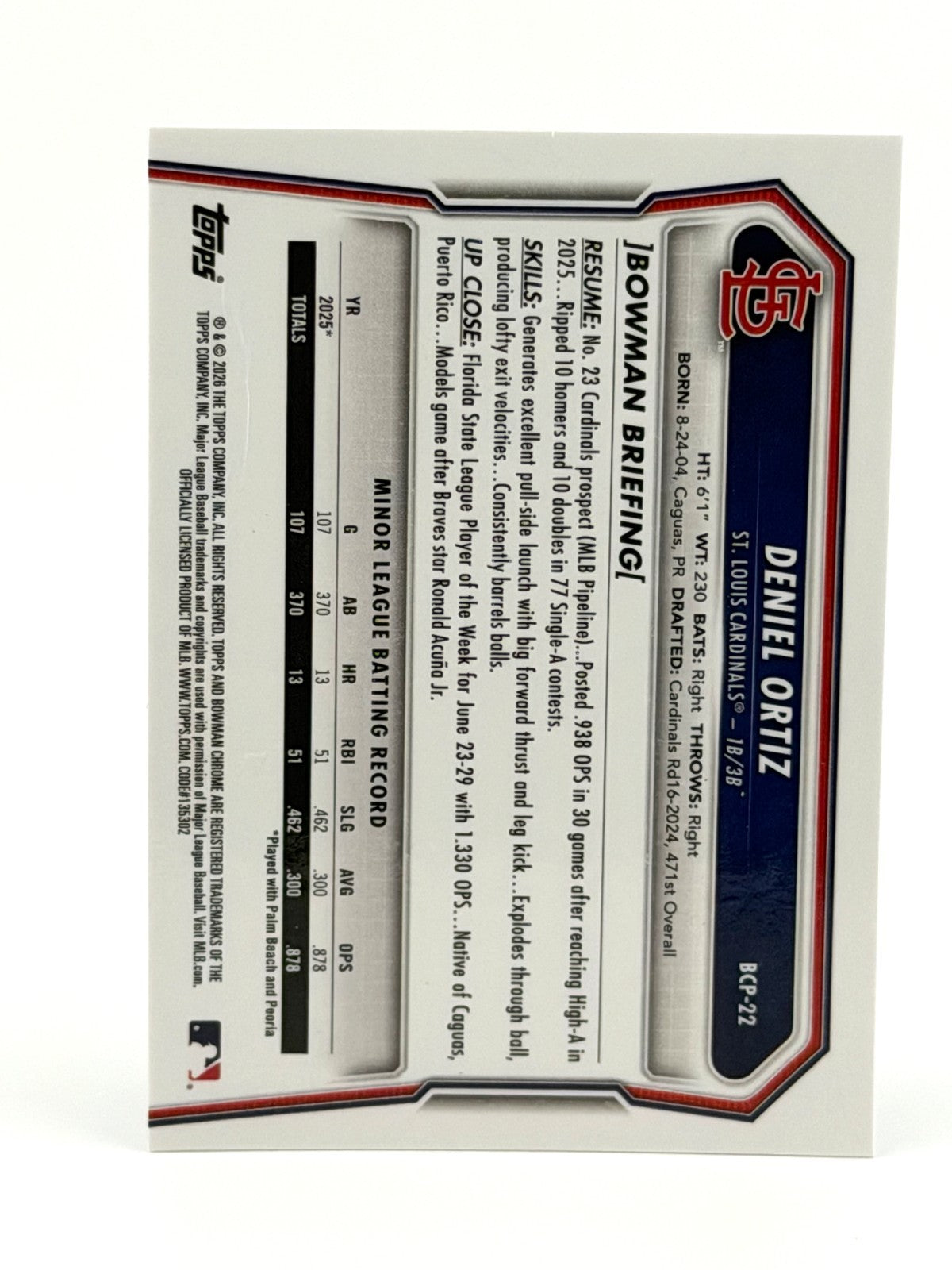 ⚾️ 2026 Bowman Chrome - Deniel Ortiz #BCP-22 1st Bowman - Cards