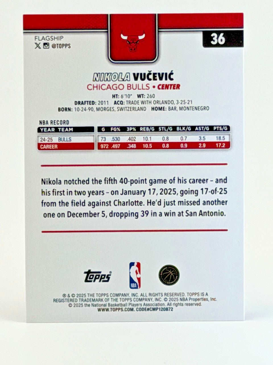 2025-26 Topps Basketball #36 Purple Rainbow (245/250) Nikola Vucevic 1:69 packs