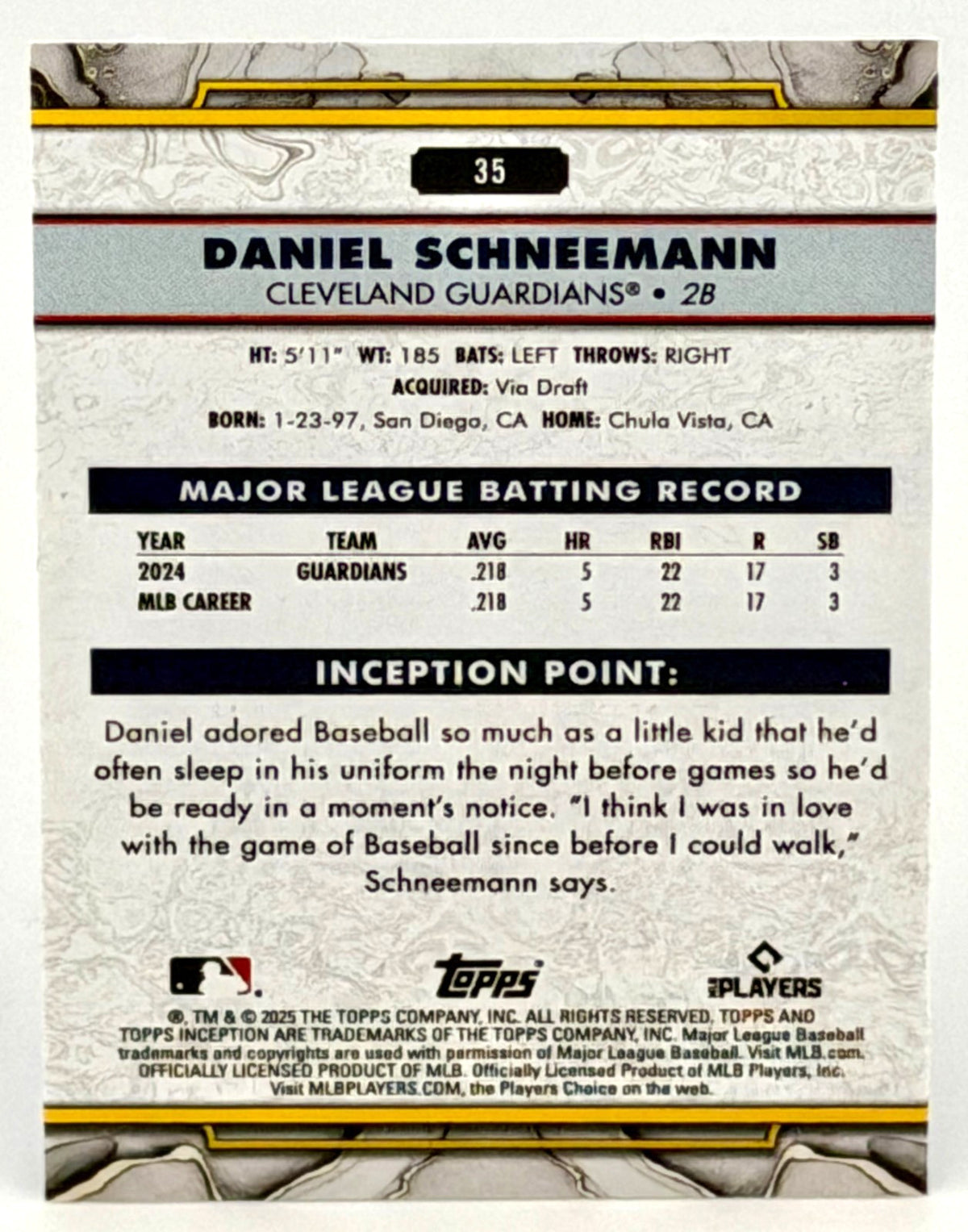 2025 Topps Inception #35 Daniel Schneemann (RC) Rookie - Guardians