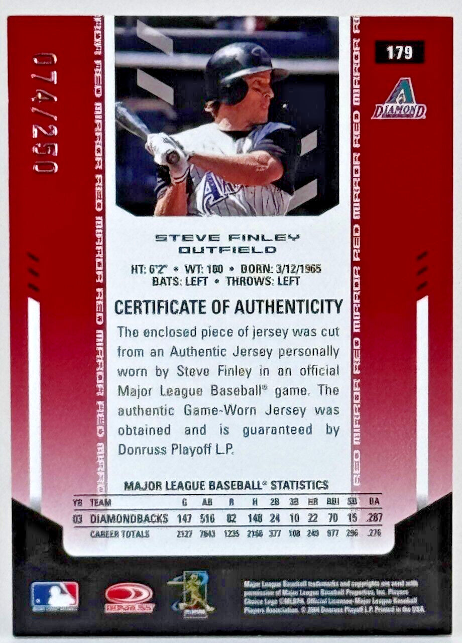 2004 Leaf Certified Materials 179 Red Mirror Jersey Relics (74/250) Steve Finley