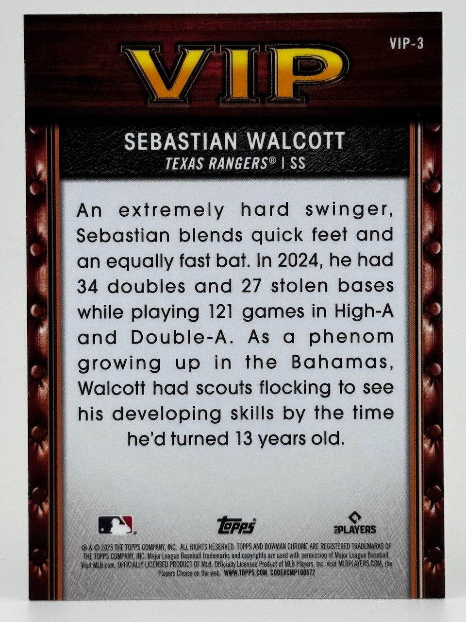 ⚾️ 2025 Bowman #VIP-3 Very Important Prospects - Sebastian Walcott - Rangers