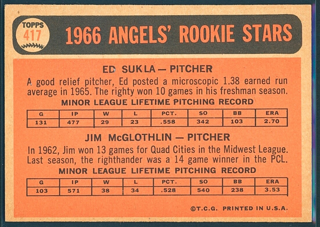 ⚾️ 1966 Topps - 1966 Rookie Stars Jim McGlothlin, Ed Sukla #417 (RC) EX