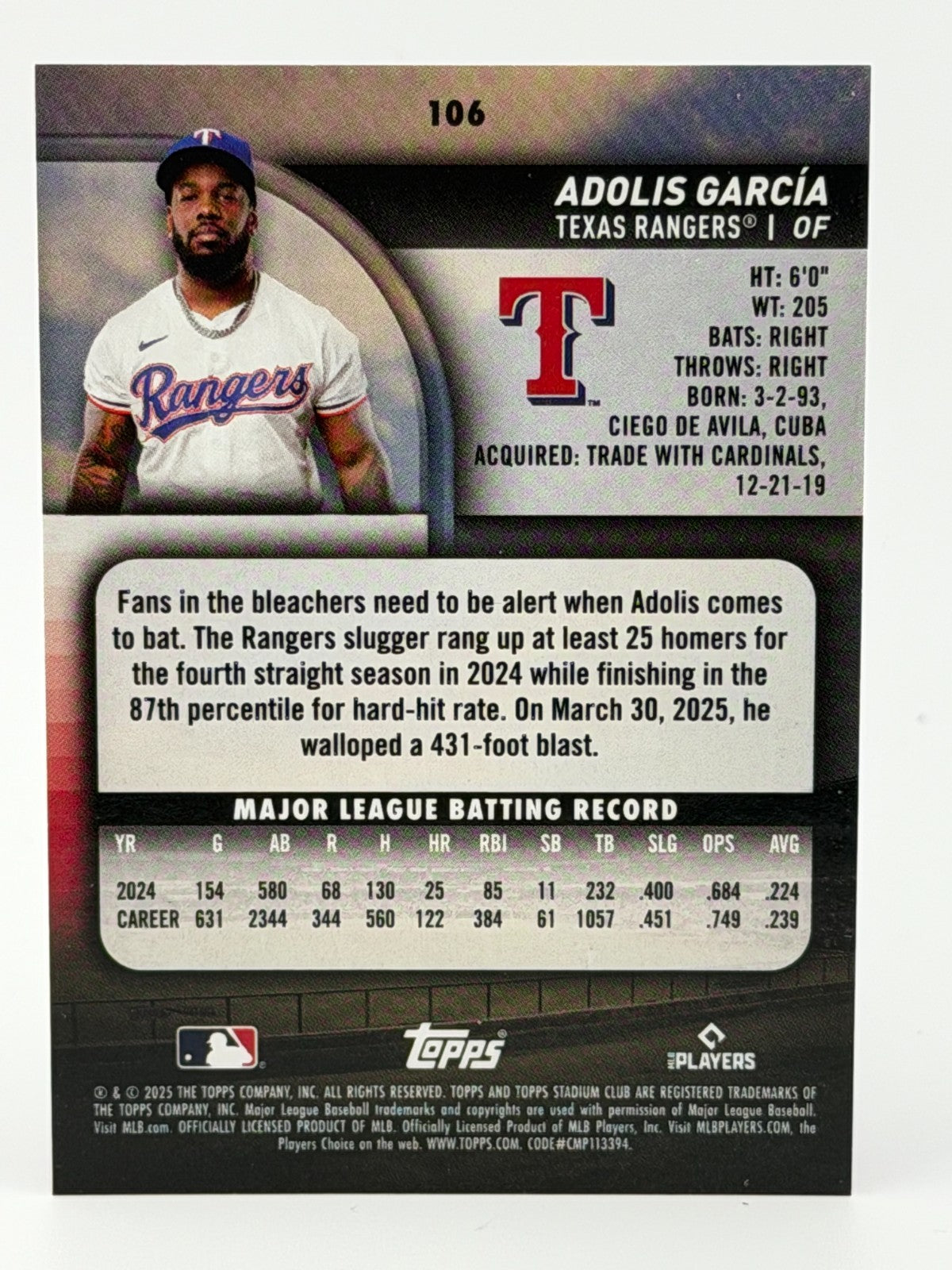 ⚾️ 2025 Topps Stadium Club #106 RED Parallel - Adolis Garcia
