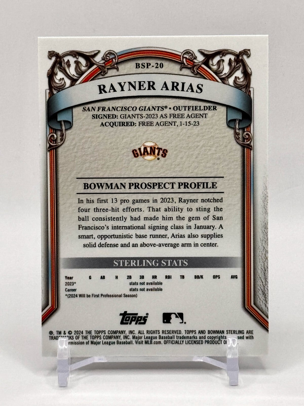 2024 BOWMAN STERLING PROSPECTS #BSP-20 RAYNER ARIAS - GIANTS