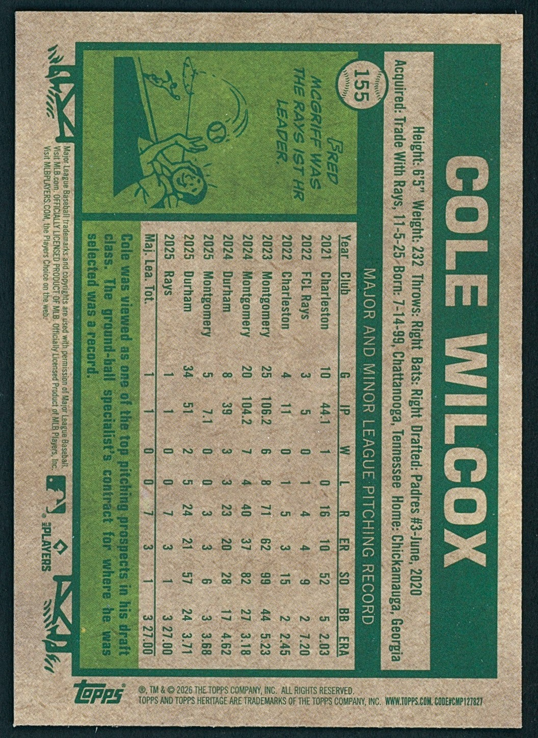2026 Topps Heritage #155 Light Blue Sparkle - Cole Wilcox - Mariners