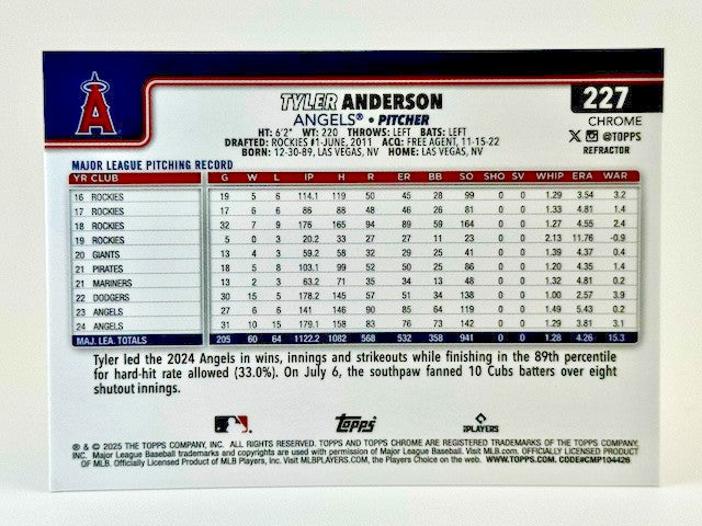 ⚾️ 2025 Topps Chrome #227 REFRACTOR - Tyler Anderson