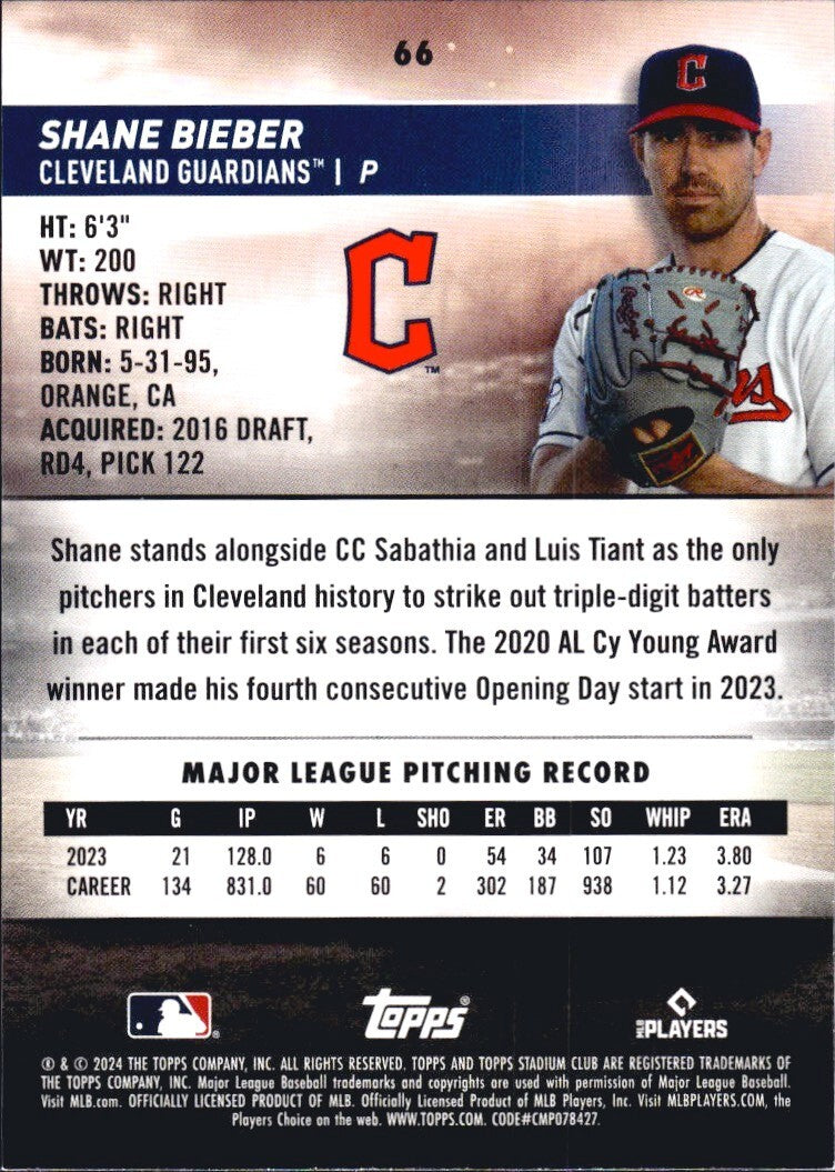 2024 Topps Stadium Club #66 Shane Bieber - Guardians