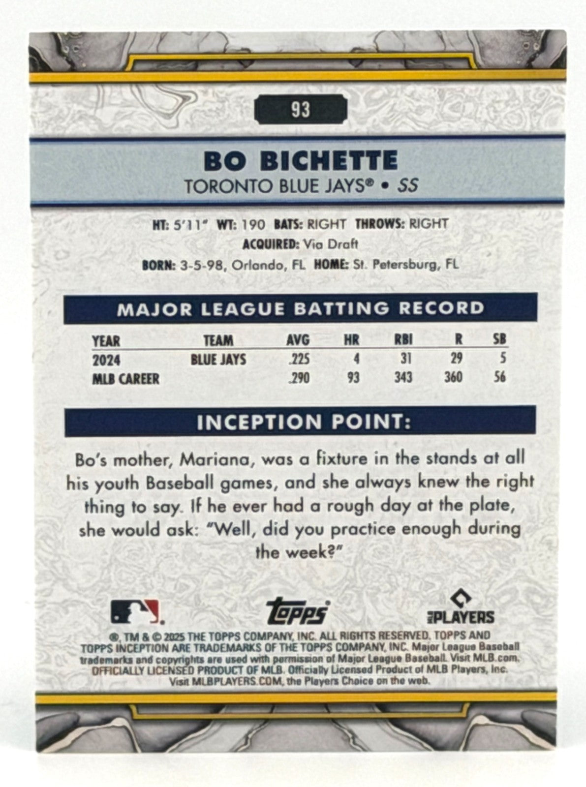 2025 Topps Inception #93 Bo Bichette GREEN Parallel - Blue Jays
