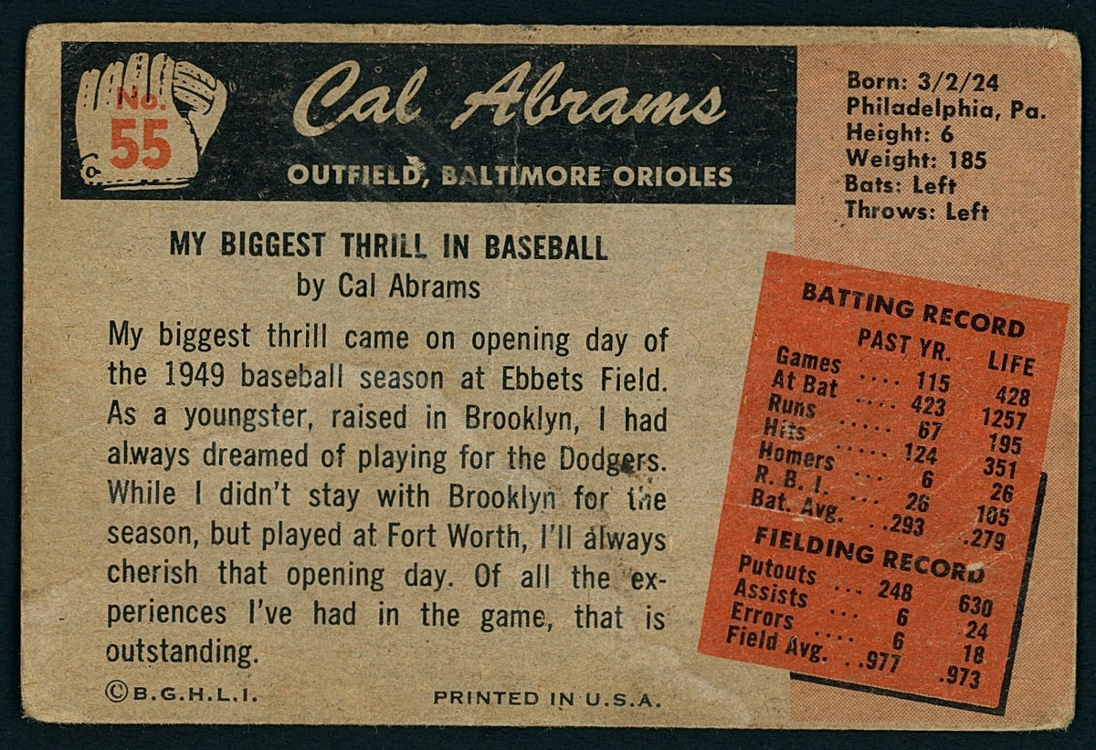 1955 Bowman - Cal Abrams #55 - Jewish Baseball Star - VG