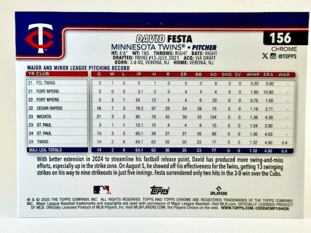 ⚾️ 2025 Topps Chrome #156 David Festa (RC) Rookie