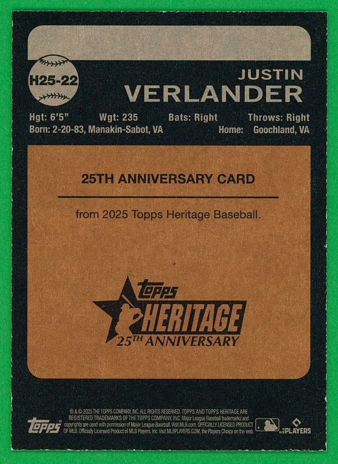 ⚾️ 2025 Topps Heritage #H25-22 25th Anniversary 1973 Topps - Justin Verlander SP