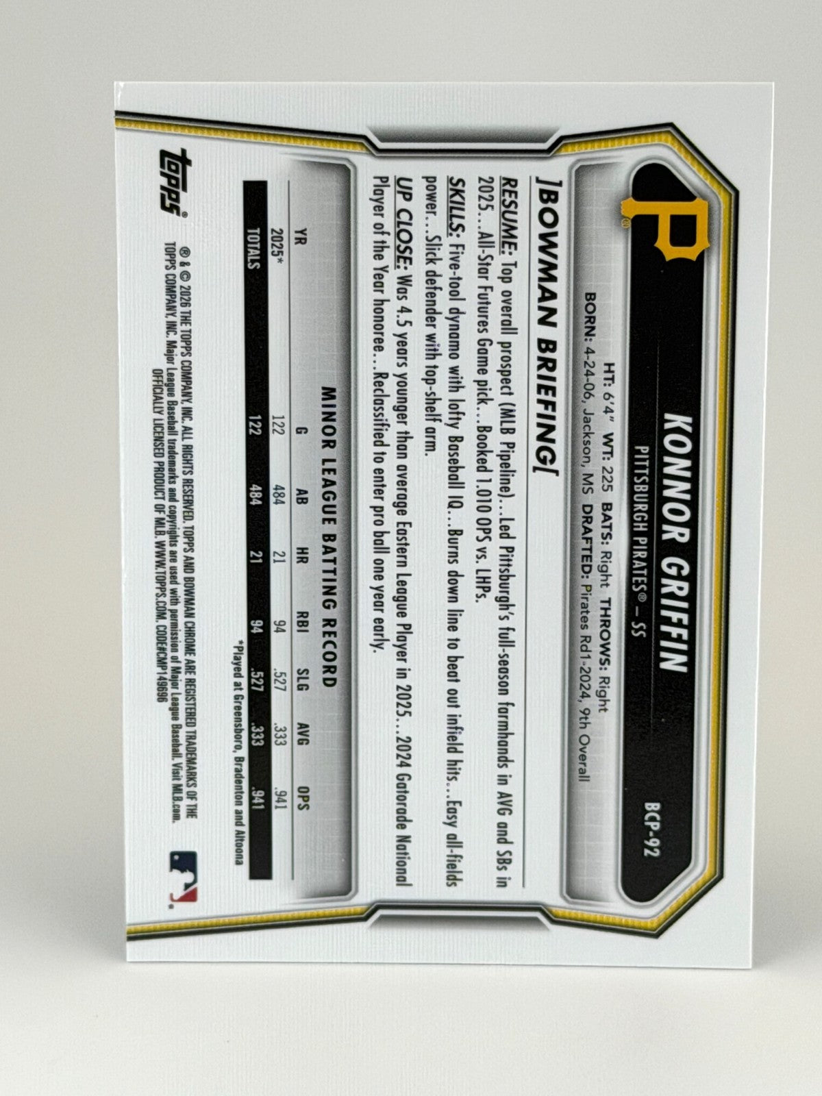 2026 Bowman #BCP-92 Konnor Griffin Chrome Prospects Mojo Refractor