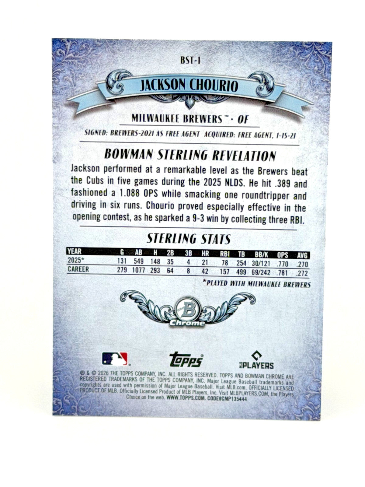 2026 Bowman Sterling Refractor - Jackson Chourio Chrome #BST-1