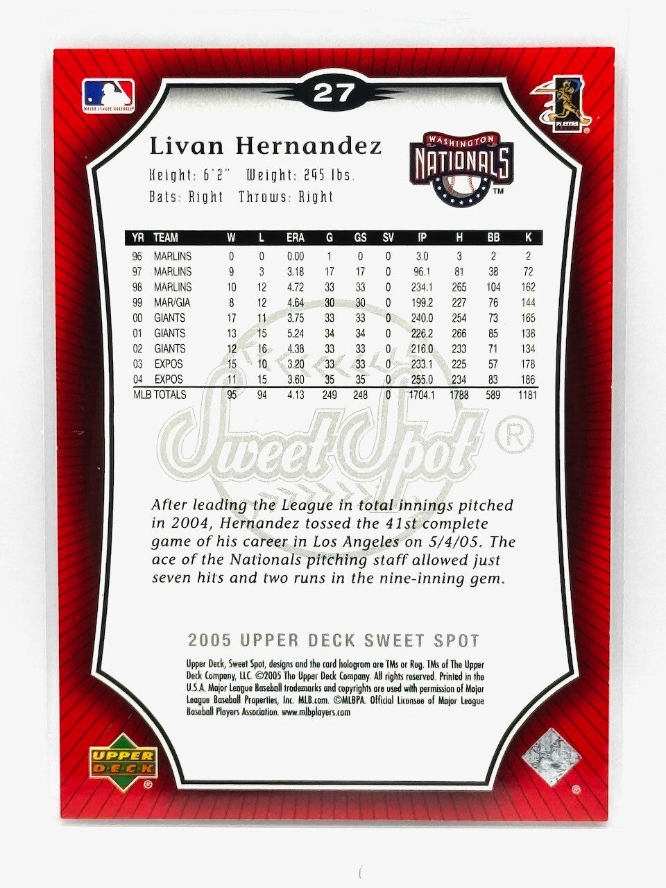 2005 Upper Deck Sweet Spot - #27 Livan Hernandez