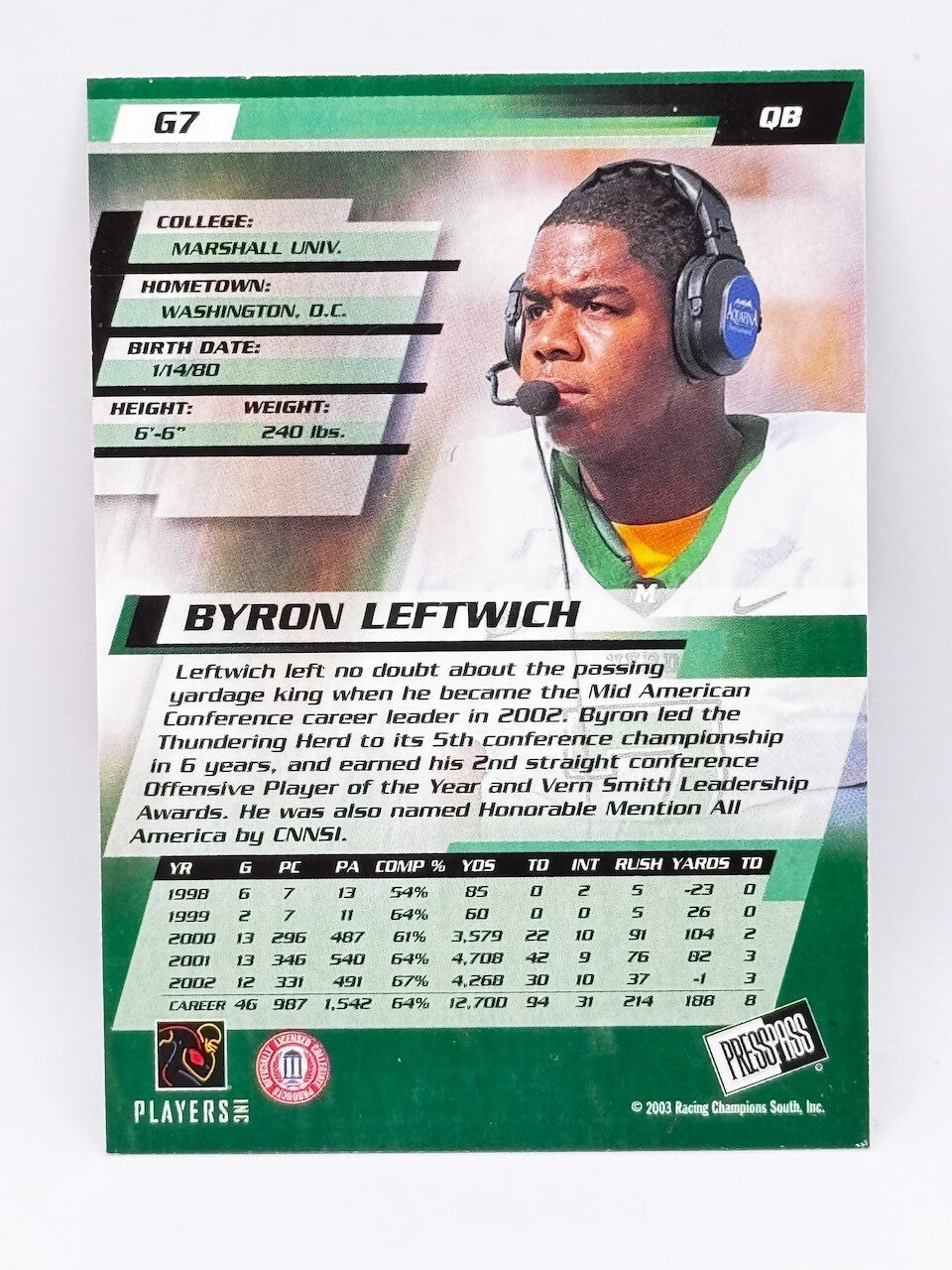 2003 Racing Champions South - Press Pass - #7 Byron Leftwich (RC) - Marshall