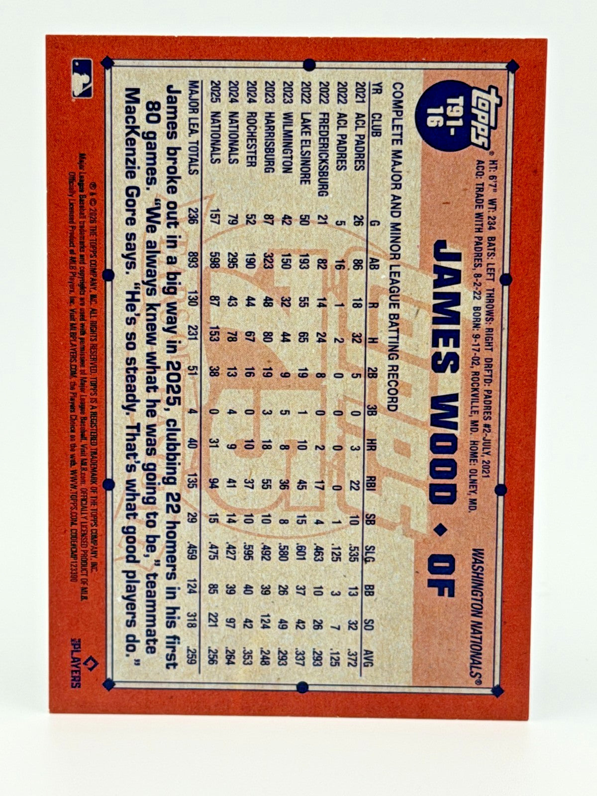2026 Topps #T91-16 1991 Topps Parallel - James Wood RC Rookie