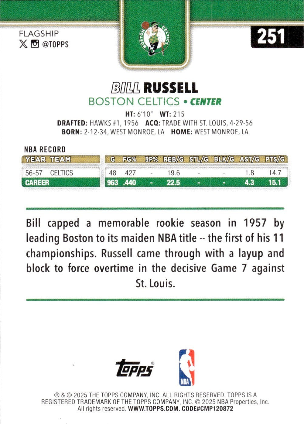 2025-26 Topps Basketball #251 Bill Russell (HOF) Celtics