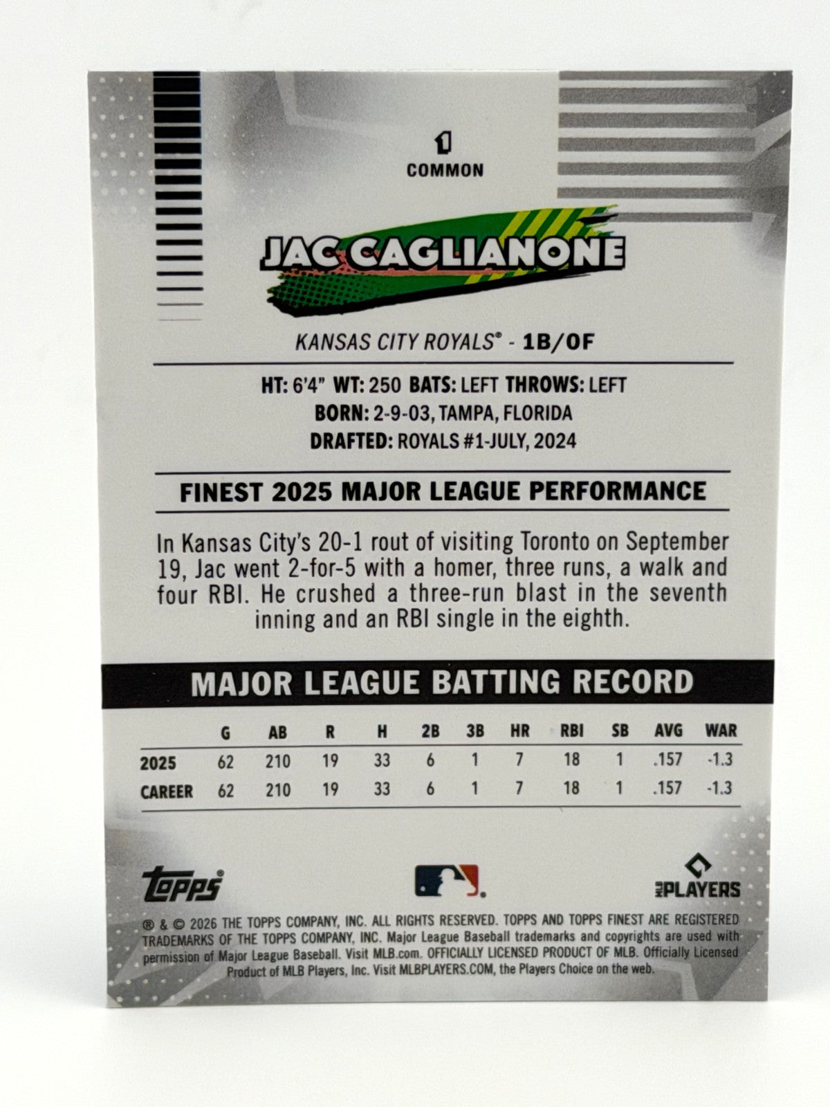 2026 Topps Finest #1 Jac Caglianone (RC) Royals