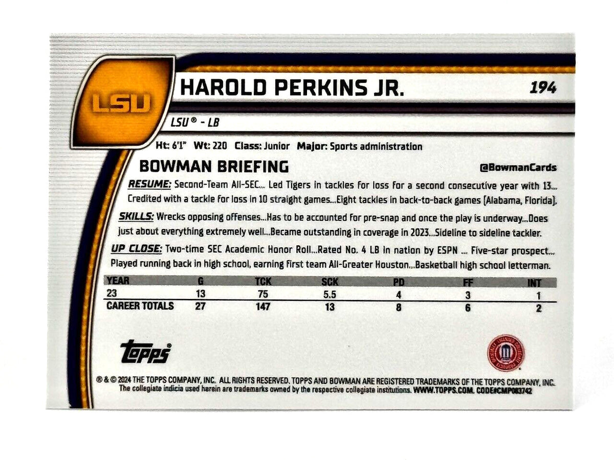 2024 Bowman Chrome University - HAROLD PERKINS JR. - LSU #194