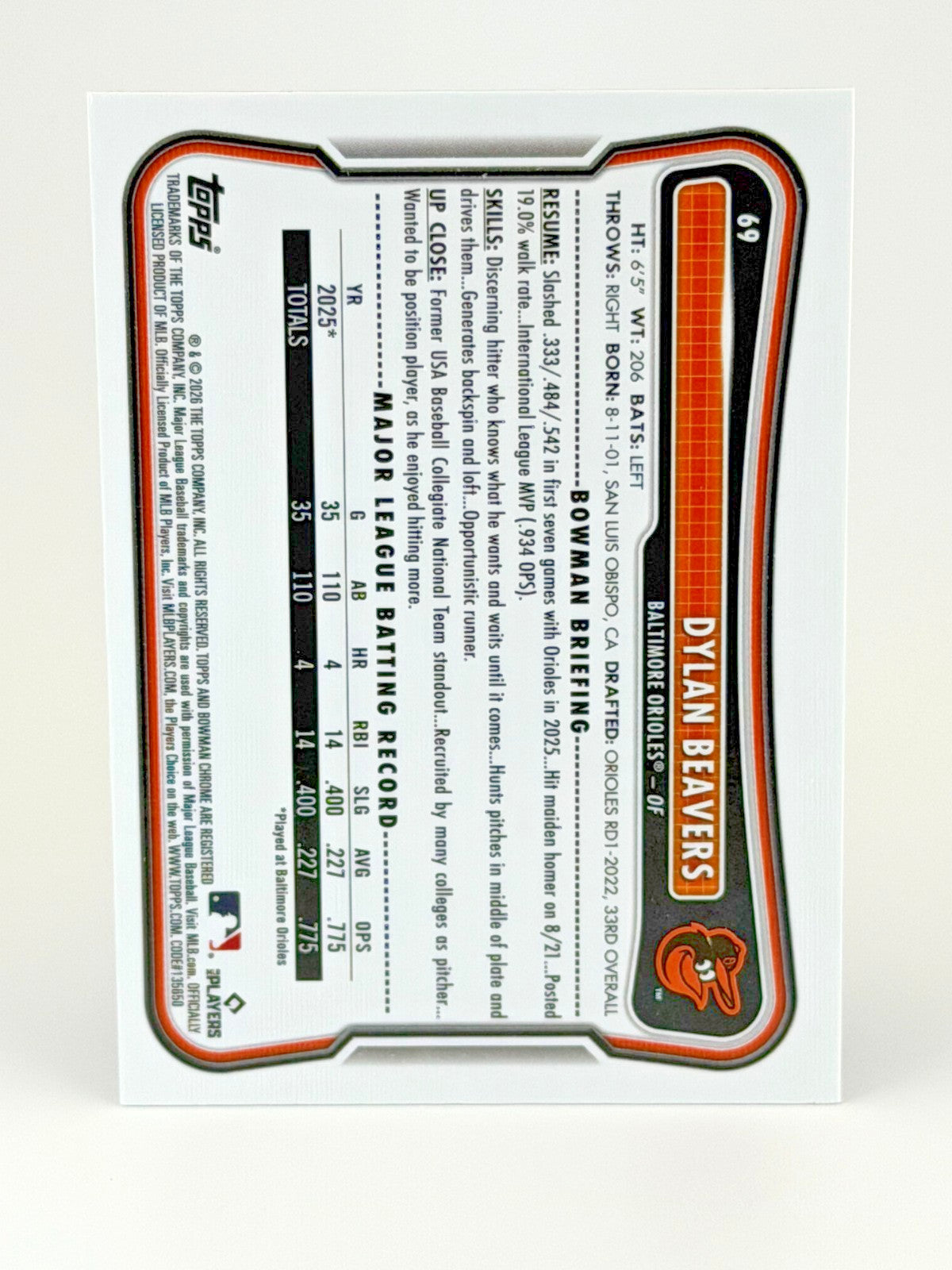 2026 Bowman Chrome Dylan Beavers #69 Red RC Rookie Redemption - Orioles
