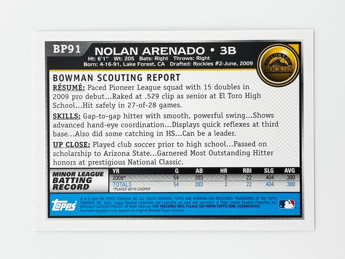 2010 Bowman Nolan Arenado #BP 91 ROOKIE CENTERED MINT! - Future HOF