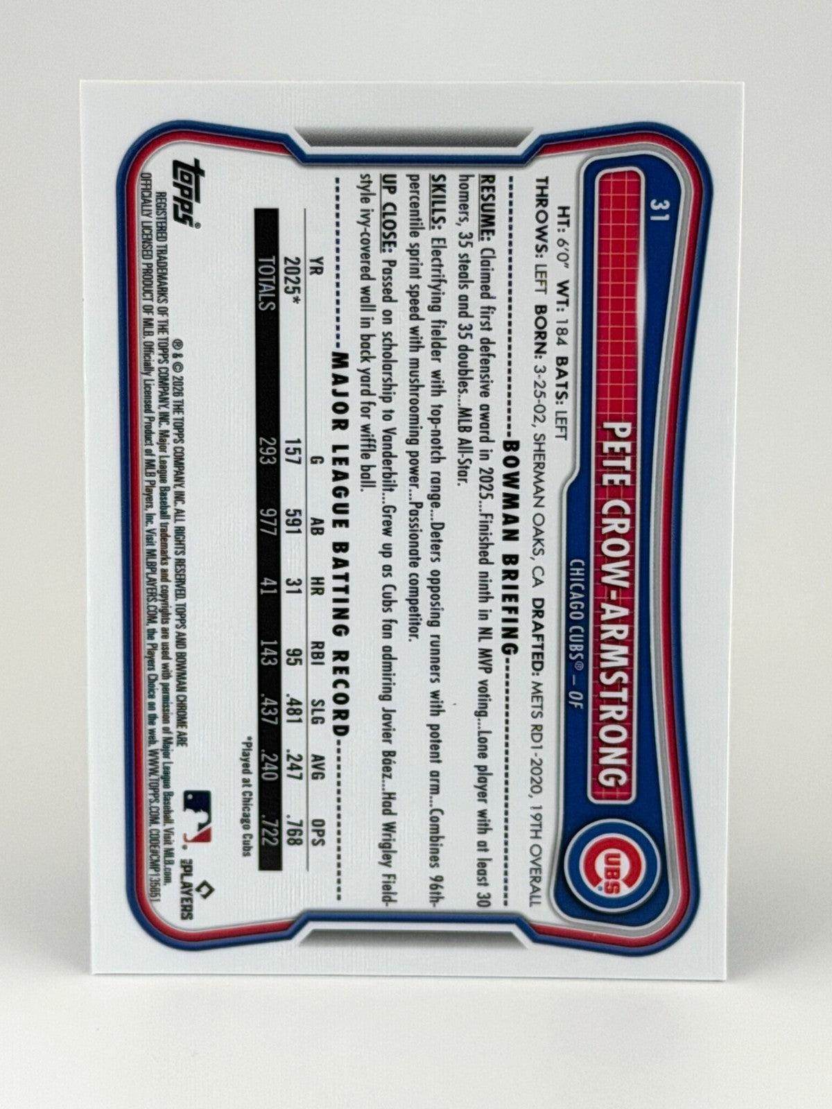 Pete Crow-Armstrong 2026 Bowman Chrome Mega Box Mojo Refractor #31 Chicago Cubs