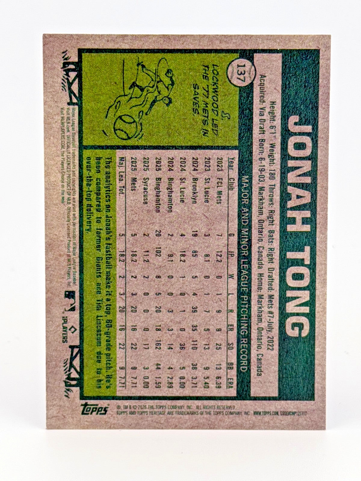 Jonah Tong 2026 Topps Heritage RC #137 Dark Green Border NEW YORK METS ROOKIE