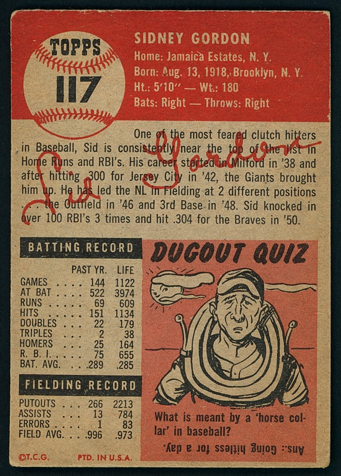 1953 Topps - Sid Gordon #117 - Jewish Baseball Star - VG