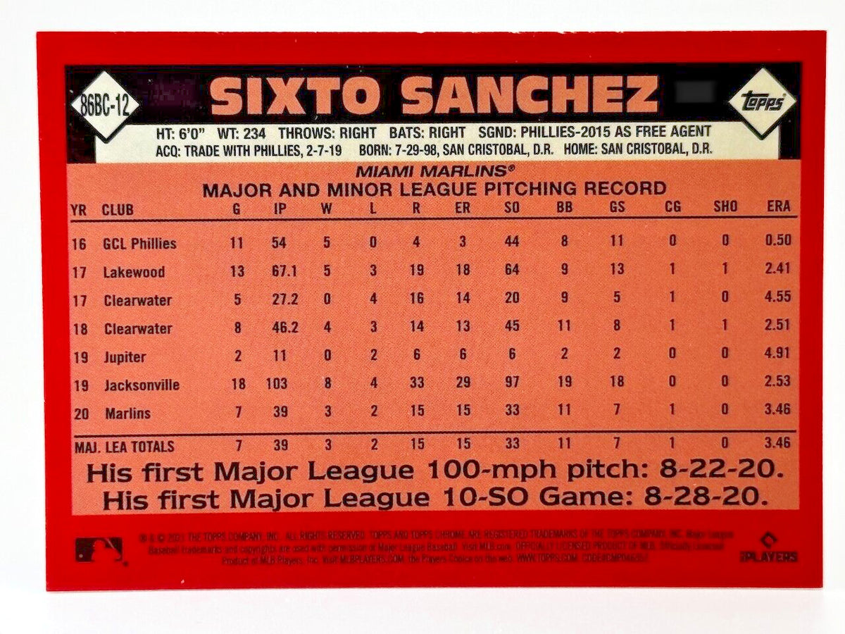 2021 Topps Chrome Refractor - 1986 Topps Baseball #86BC-12 Sixto Sanchez (RC)