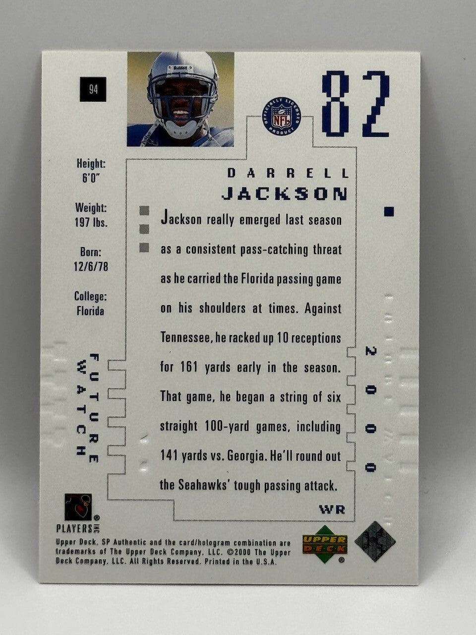 2000 UD SP Authentic - Rookie #94 Darrell Jackson /1250 (RC) - Gators, Seahawks