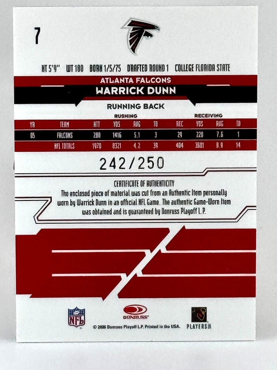 2006 Leaf Rookies & Stars #7 Longevity Materials (242/250) Warrick Dunn CFB HOF