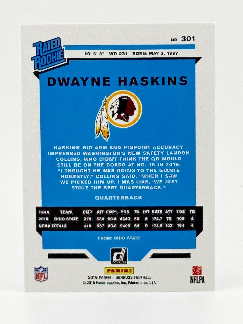 2019 Donruss - Rated Rookie #301 Dwayne Haskins (RC) - Commanders